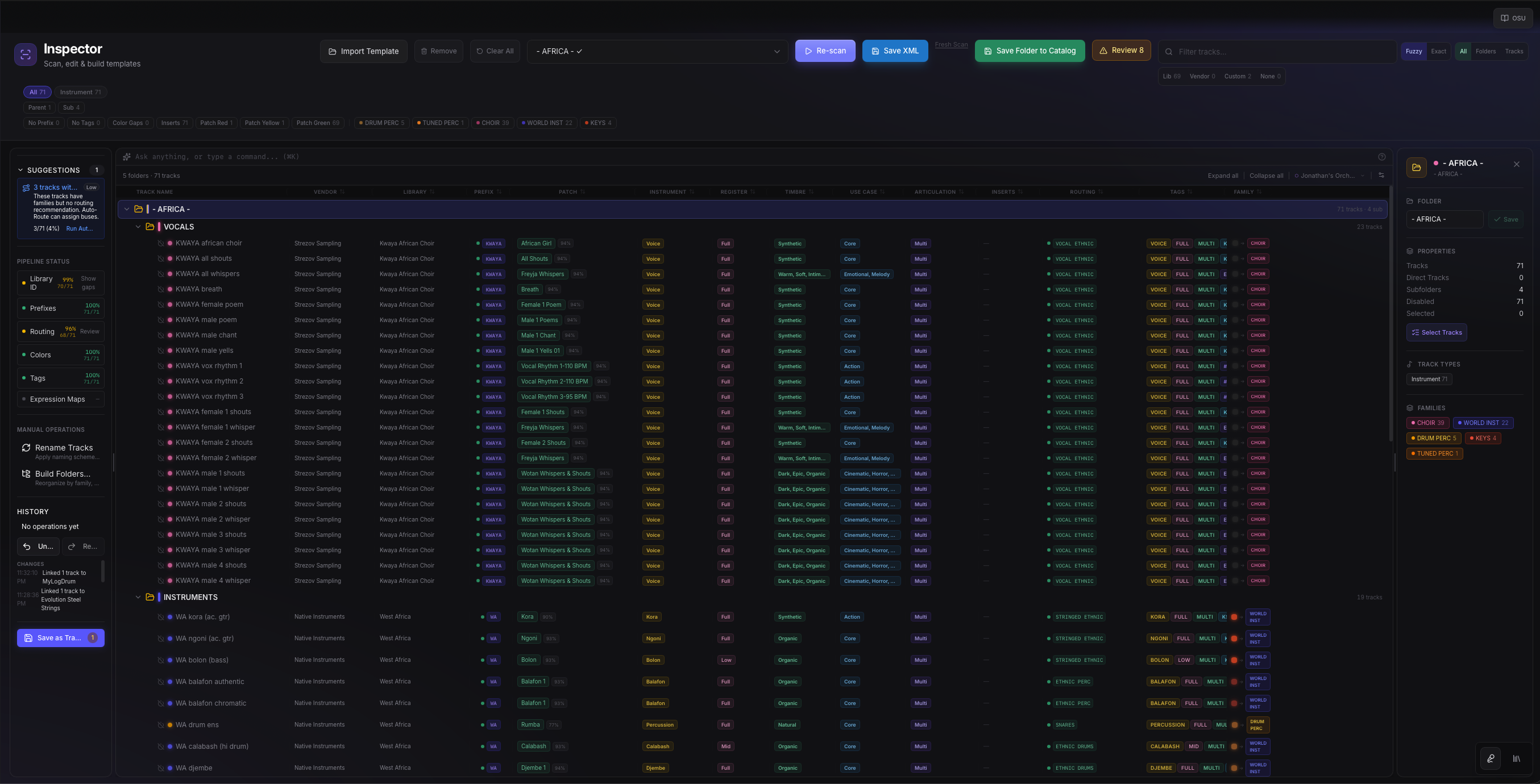 OrcheStruct Inspector showing a scanned template with track rows, metadata columns, suggestions, and a folder properties panel.