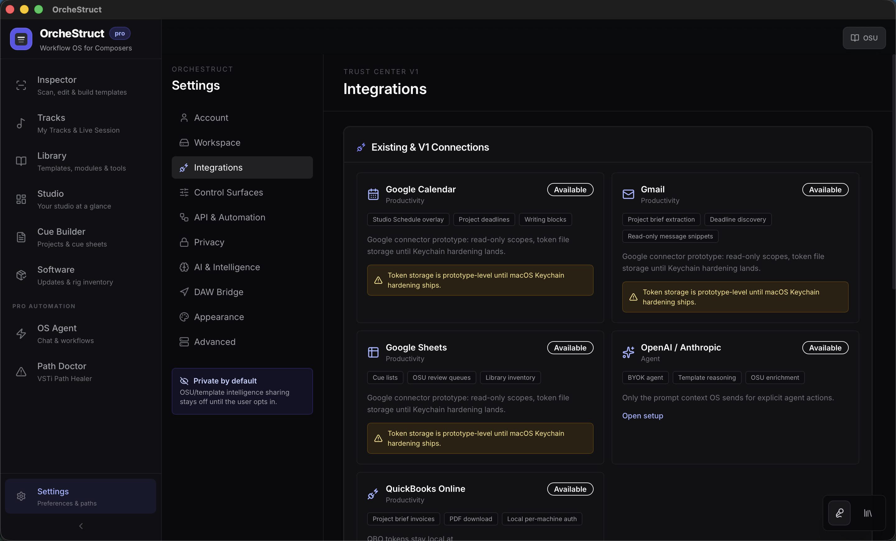 OrcheStruct Settings integrations surface with privacy-focused connection cards and warnings.
