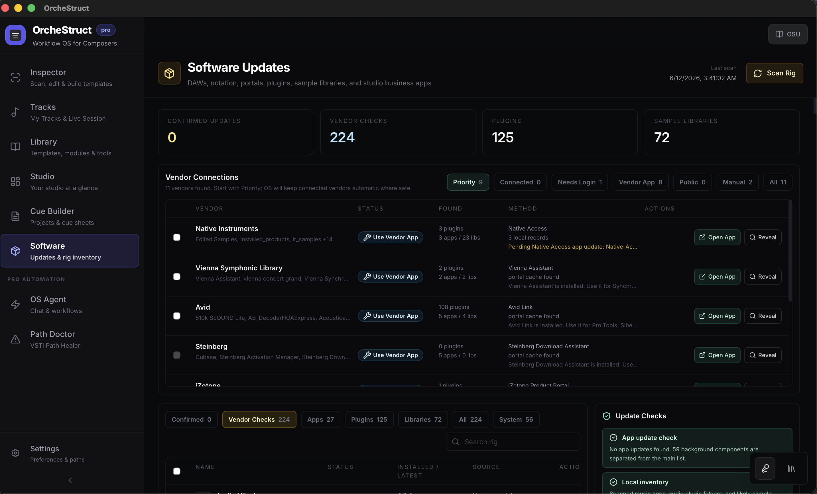 OrcheStruct Software Updates surface showing vendor checks, plugins, sample libraries, and rig scan controls.
